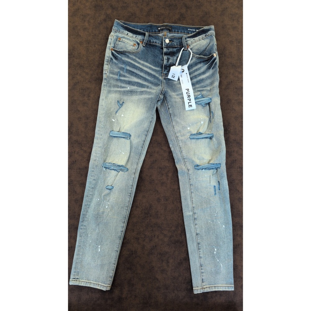 NWT Purple Brand P001 Mid Rise Slim Taper Distressed Paint Splatter Jeans 32 NEW